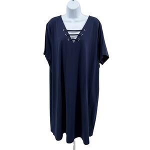Michael Kors Grommet Lace-Up Tunic Dress Womens 3X Navy Blue Short Sleeve Resort